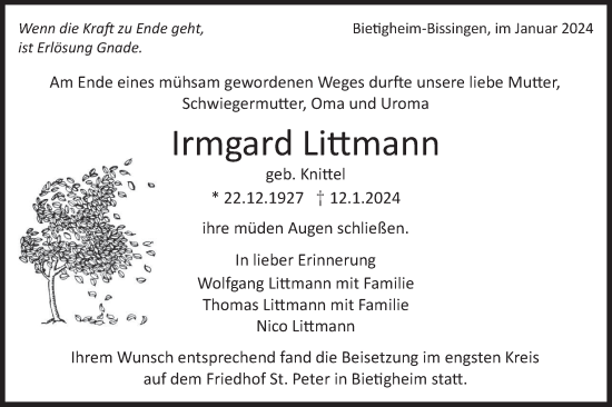 Traueranzeige von Irmgard Littmann von Bietigheimer Zeitung