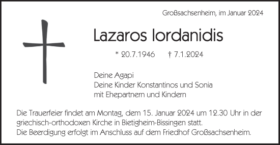 Traueranzeige von Lazaros Iordanidis von Bietigheimer Zeitung