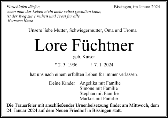 Traueranzeige von Lore Füchtner von Bietigheimer Zeitung