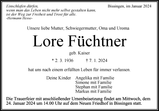 Traueranzeige von Lore Füchtner von Bietigheimer Zeitung