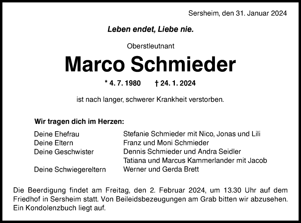  Traueranzeige für Marco Schmieder vom 31.01.2024 aus Bietigheimer Zeitung