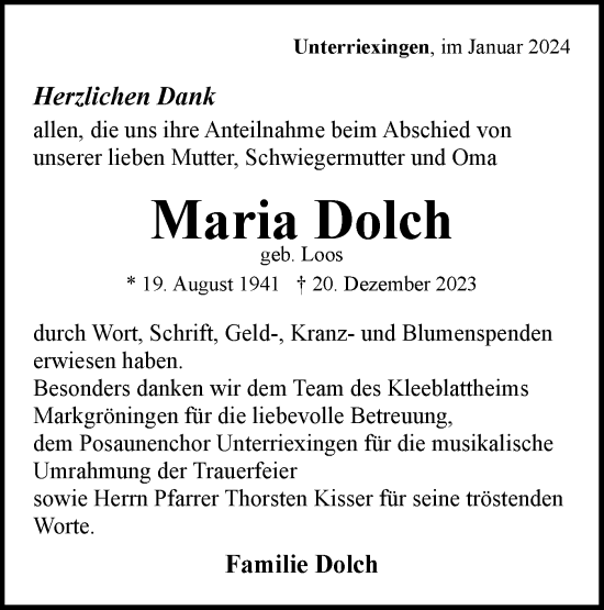 Traueranzeige von Maria Dolch von Bietigheimer Zeitung