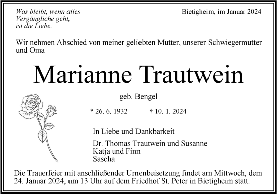 Traueranzeige von Marianne Trautwein von Bietigheimer Zeitung