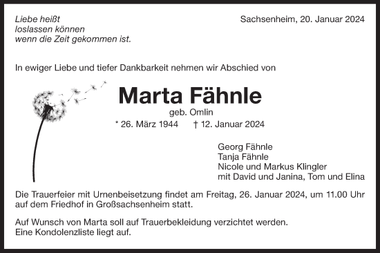 Traueranzeige von Marta Fähnle von Bietigheimer Zeitung
