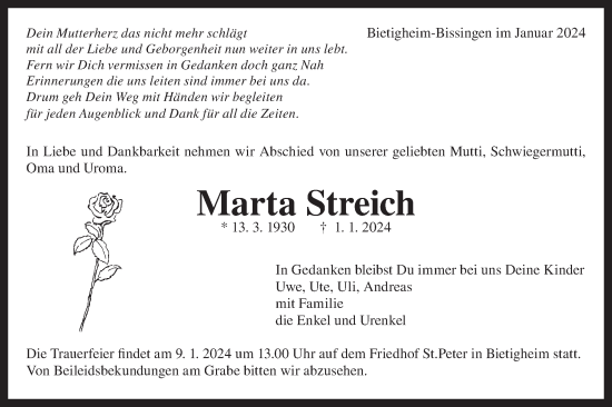 Traueranzeige von Marta Streich von Bietigheimer Zeitung