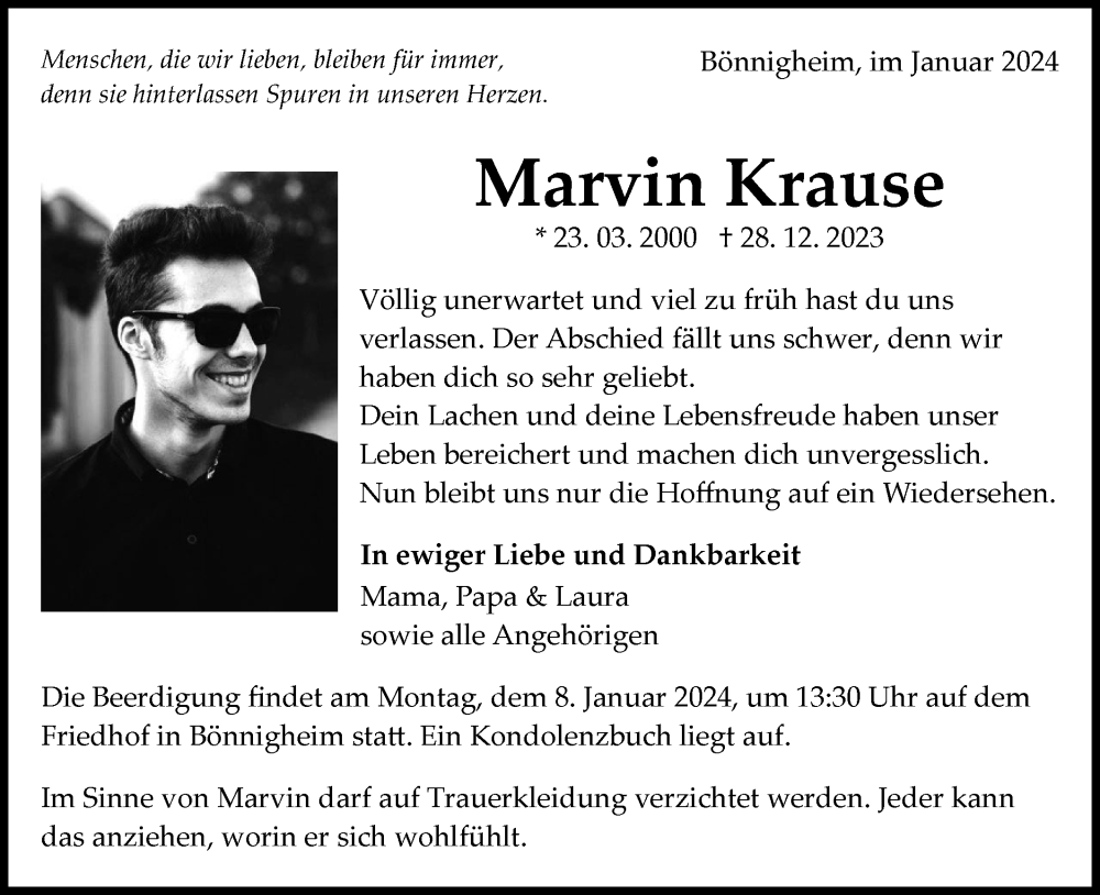  Traueranzeige für Marvin Krause vom 05.01.2024 aus Bietigheimer Zeitung