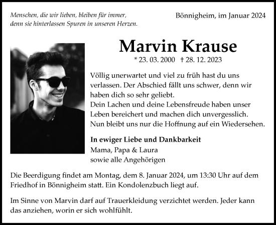 Traueranzeige von Marvin Krause von Bietigheimer Zeitung