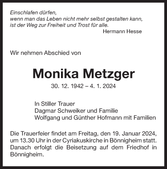 Traueranzeige von Monika Metzger von Bietigheimer Zeitung