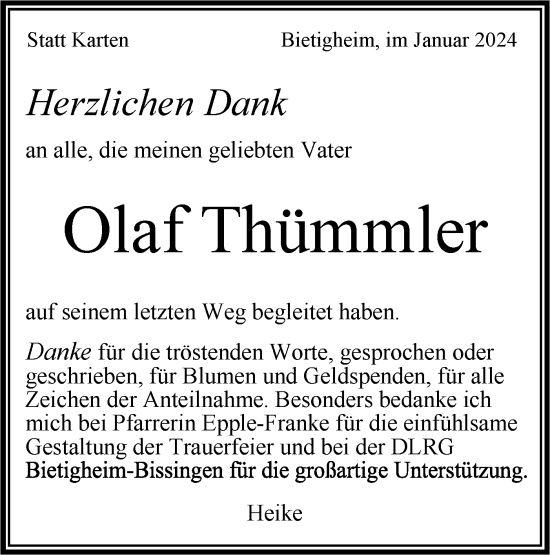 Traueranzeige von Olaf Thümmler von Bietigheimer Zeitung