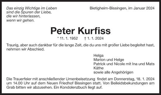 Traueranzeige von Peter Kurfiss von Bietigheimer Zeitung