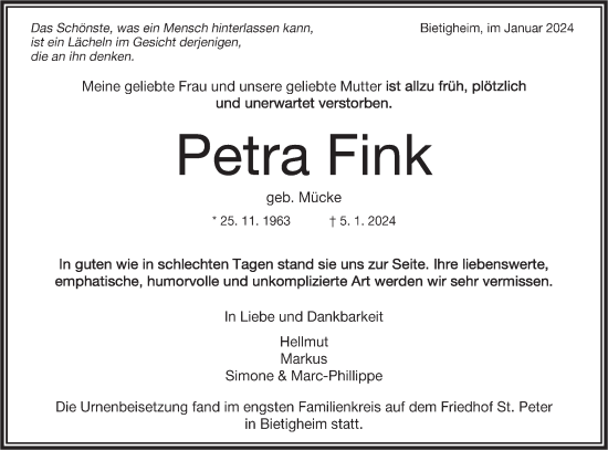 Traueranzeige von Petra Fink von Bietigheimer Zeitung