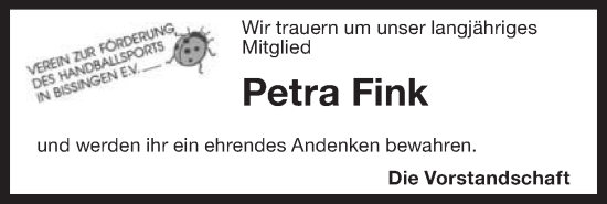 Traueranzeige von Petra Fink von Bietigheimer Zeitung