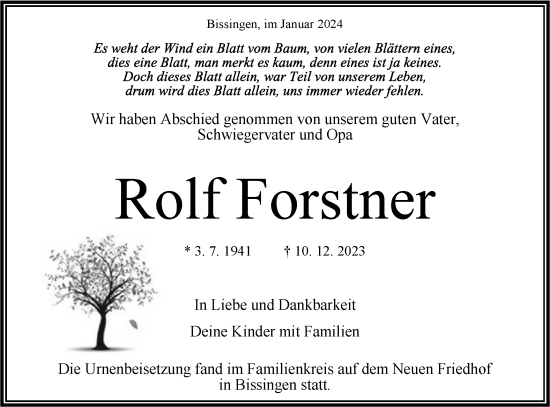 Traueranzeige von Rolf Forstner von Bietigheimer Zeitung