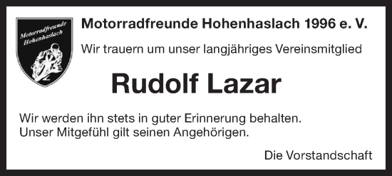 Traueranzeige von Rudolf Lazar von Bietigheimer Zeitung