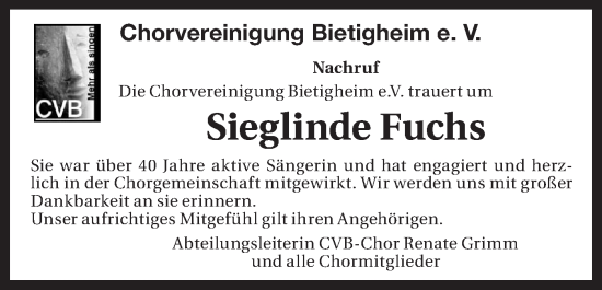 Traueranzeige von Sieglinde Fuchs von Bietigheimer Zeitung