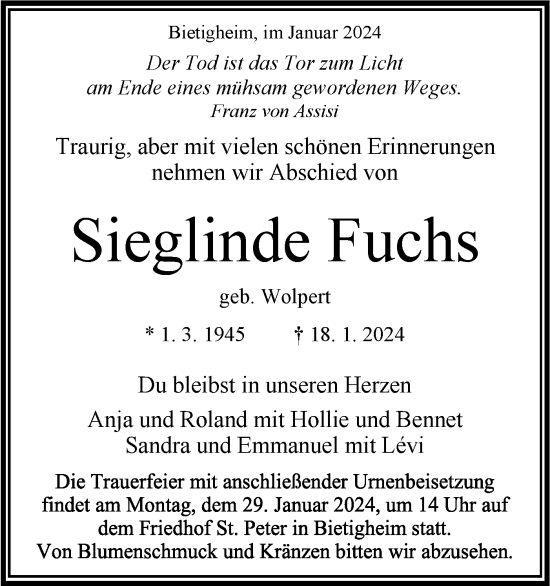 Traueranzeige von Sieglinde Fuchs von Bietigheimer Zeitung