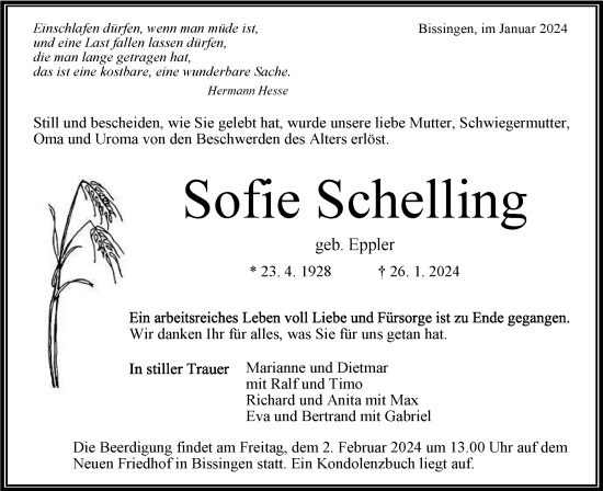 Traueranzeige von Sofie Schelling von Bietigheimer Zeitung