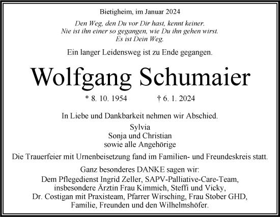 Traueranzeige von Wolfgang Schumaier von Bietigheimer Zeitung