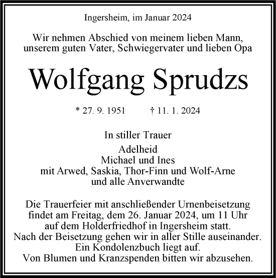 Traueranzeige von Wolfgang Sprudzs von Bietigheimer Zeitung