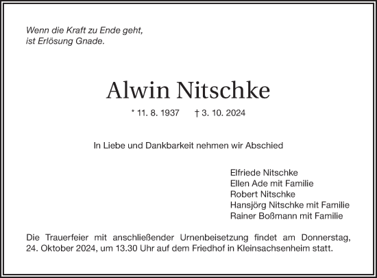 Traueranzeige von Alwin Nitschke von Bietigheimer Zeitung