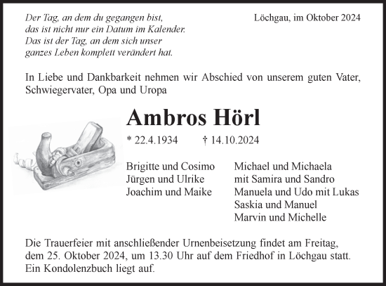 Traueranzeige von Ambros Hörl von Bietigheimer Zeitung