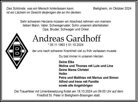 Traueranzeige von Andreas Gardhoff von Bietigheimer Zeitung