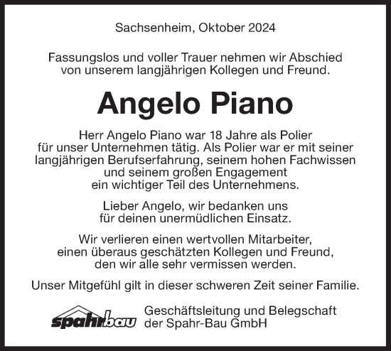 Traueranzeige von Angelo Piano von Bietigheimer Zeitung