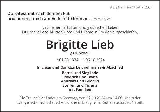 Traueranzeige von Brigitte Lieb von Bietigheimer Zeitung