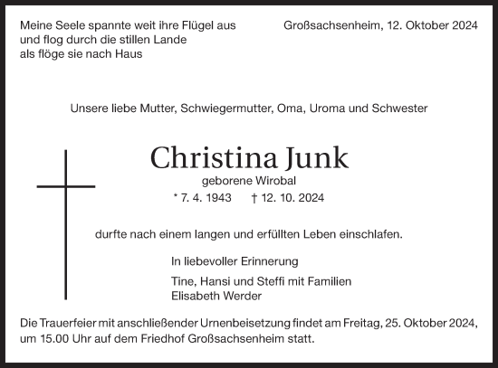 Traueranzeige von Christina Junk von Bietigheimer Zeitung