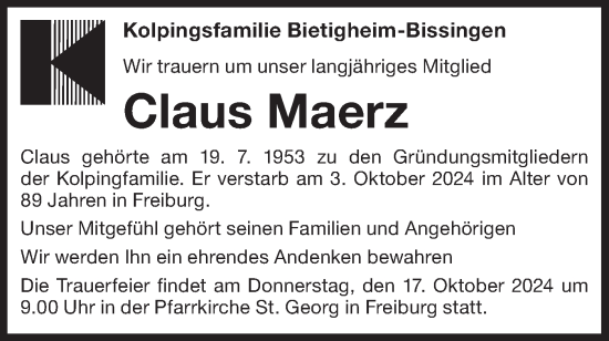 Traueranzeige von Claus Maerz von Bietigheimer Zeitung