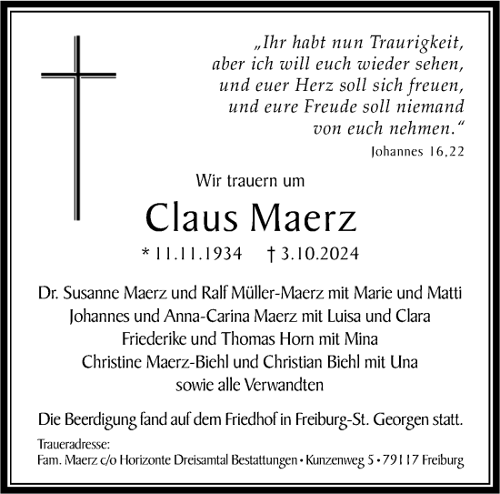 Traueranzeige von Claus Maerz von Bietigheimer Zeitung