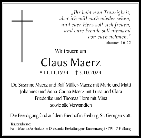 Traueranzeige von Claus Maerz von Bietigheimer Zeitung