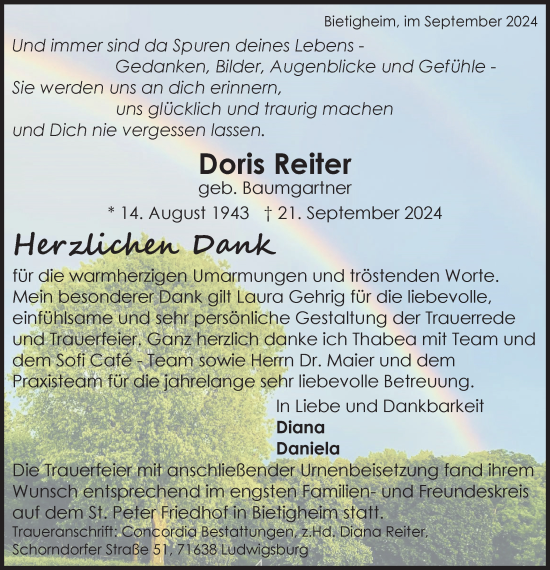 Traueranzeige von Doris Reiter von Bietigheimer Zeitung