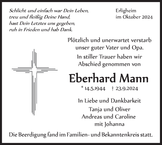 Traueranzeige von Eberhard Mann von Bietigheimer Zeitung