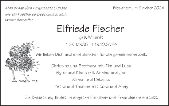 Traueranzeige von Elfriede Fischer von Bietigheimer Zeitung