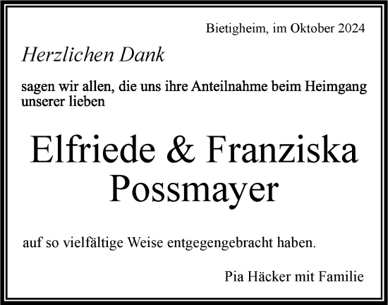 Traueranzeige von Elfriede und Franziska Possmayer von Bietigheimer Zeitung