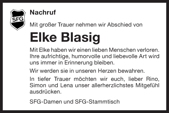 Traueranzeige von Elke Blasig von Bietigheimer Zeitung