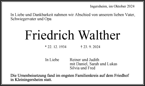 Traueranzeige von Friedrich Walther von Bietigheimer Zeitung