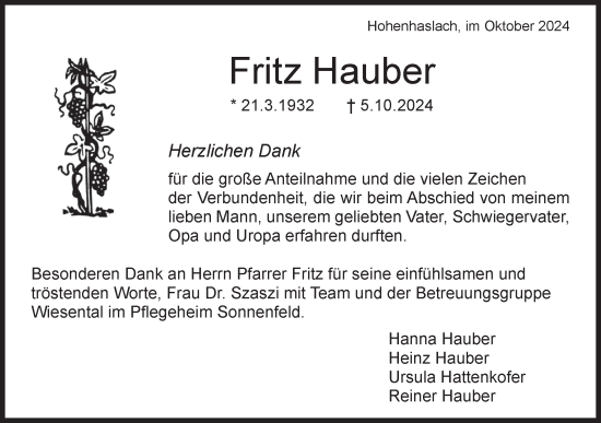 Traueranzeige von Fritz Hauber von Bietigheimer Zeitung