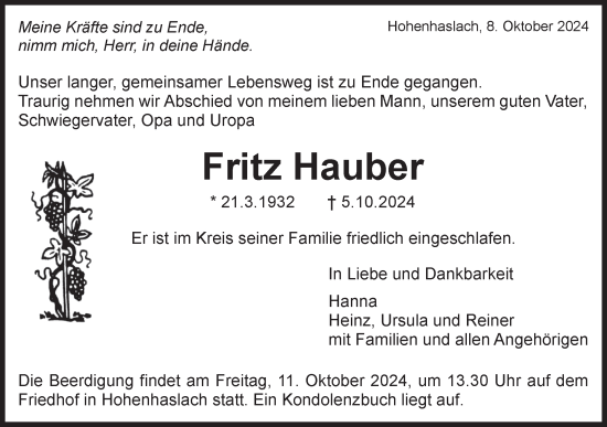 Traueranzeige von Fritz Hauber von Bietigheimer Zeitung