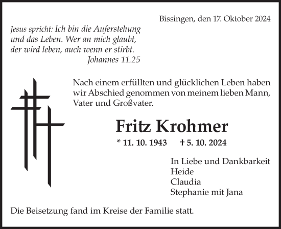 Traueranzeige von Fritz Krohmer von Bietigheimer Zeitung