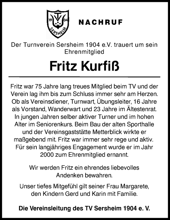 Traueranzeige von Fritz Kurfiß von Bietigheimer Zeitung