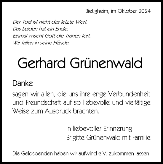 Traueranzeige von Gerhard Grünenwald von Bietigheimer Zeitung