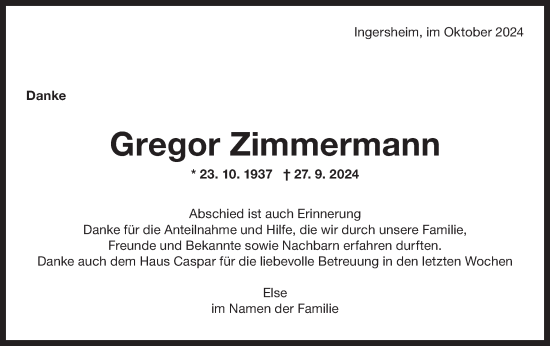 Traueranzeige von Gregor Zimmermann von Bietigheimer Zeitung