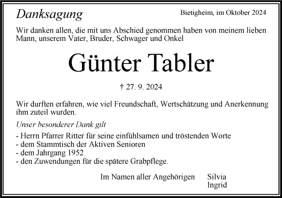 Traueranzeige von Günter Tabler von Bietigheimer Zeitung