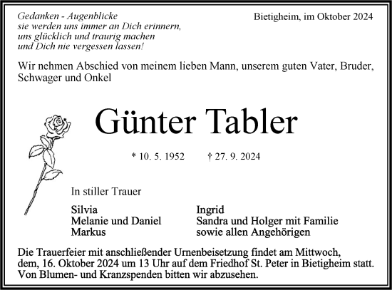 Traueranzeige von Günter Tabler von Bietigheimer Zeitung