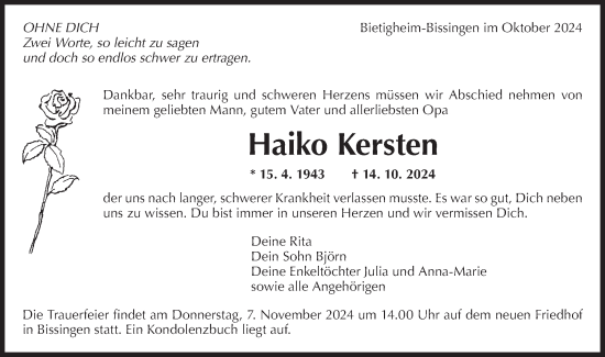 Traueranzeige von Haiko Kersten von Bietigheimer Zeitung