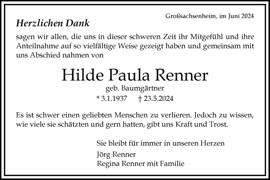 Traueranzeige von Hilde Paula Renner von Bietigheimer Zeitung