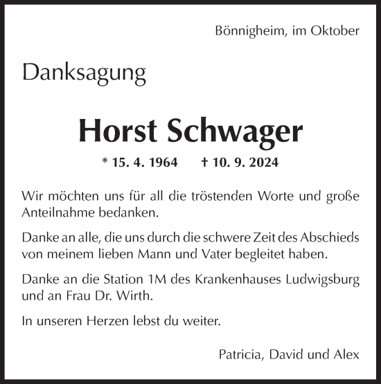 Traueranzeige von Horst Schwager von Bietigheimer Zeitung