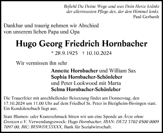 Traueranzeige von Hugo Georg Friedrich Hornbacher von Bietigheimer Zeitung